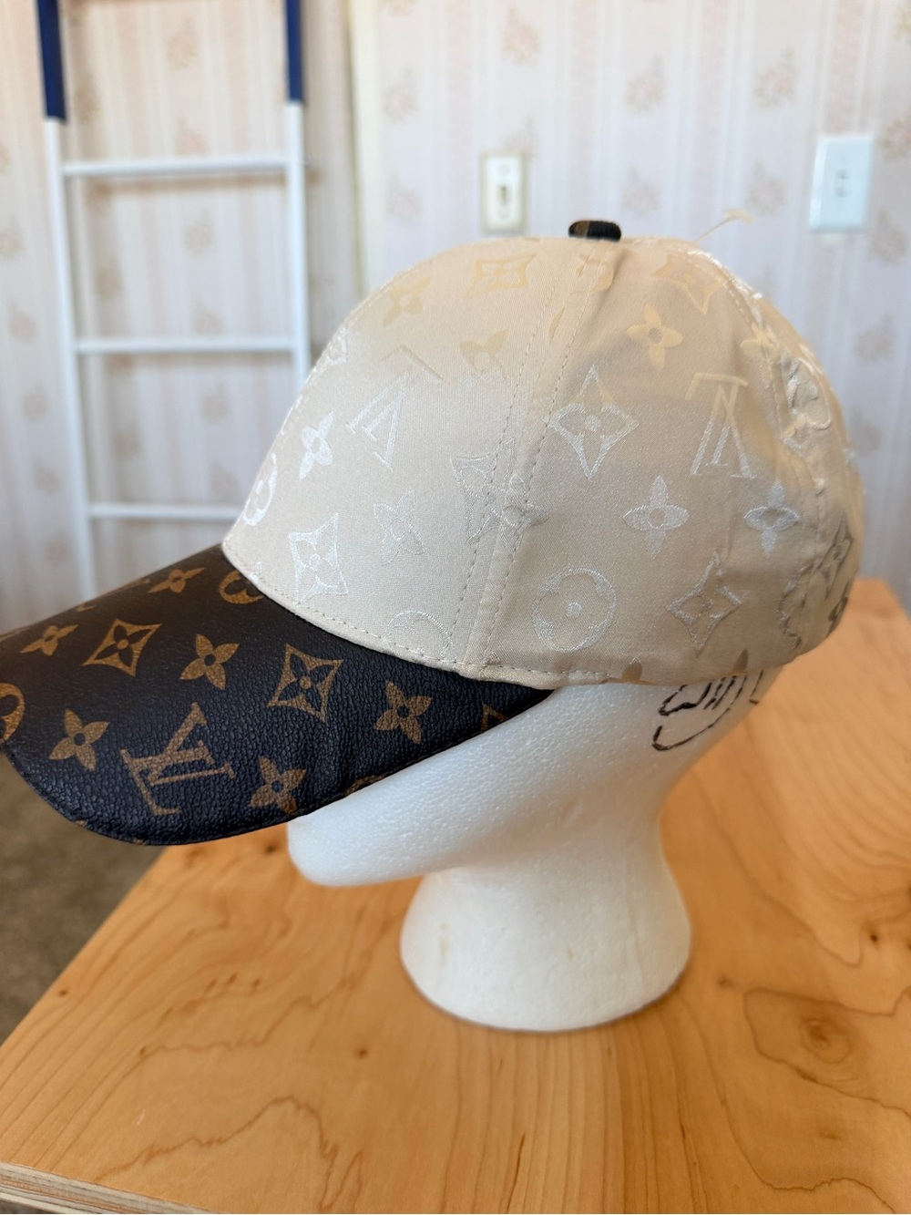 Designer Inspired Two-Tone Monogram Cap - Cream & Brown Unisex OS Adjustable - Picture 5 of 10